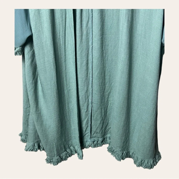 1182. Umgee LINEN BLEND KIMONO SHORT SLEEVES FRAY HEMS SIZE SMALL/MEDIUM GREEN - Picture 8 of 13